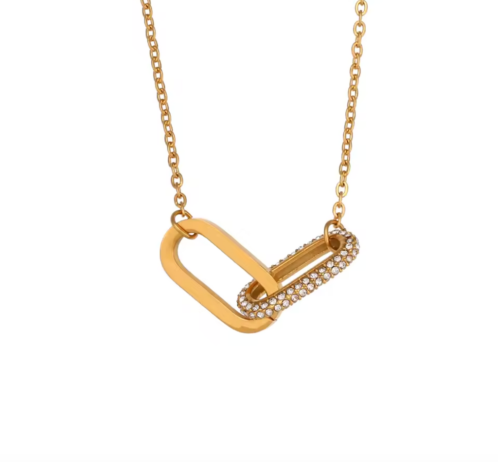 Gold Paperclip Link Necklace with Micro-Set Rhinestones